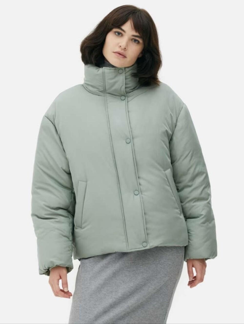 Primark Cares Green Long Neck Button Front Winter Puffer Jacket